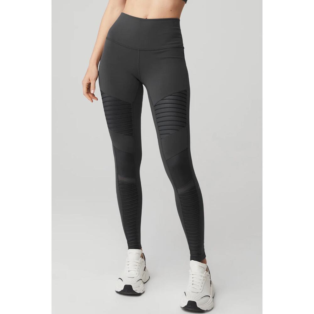 Alo Yoga Moto Leggings Sz S Anthracite Glossy High Waist Athleisure Gym Fit